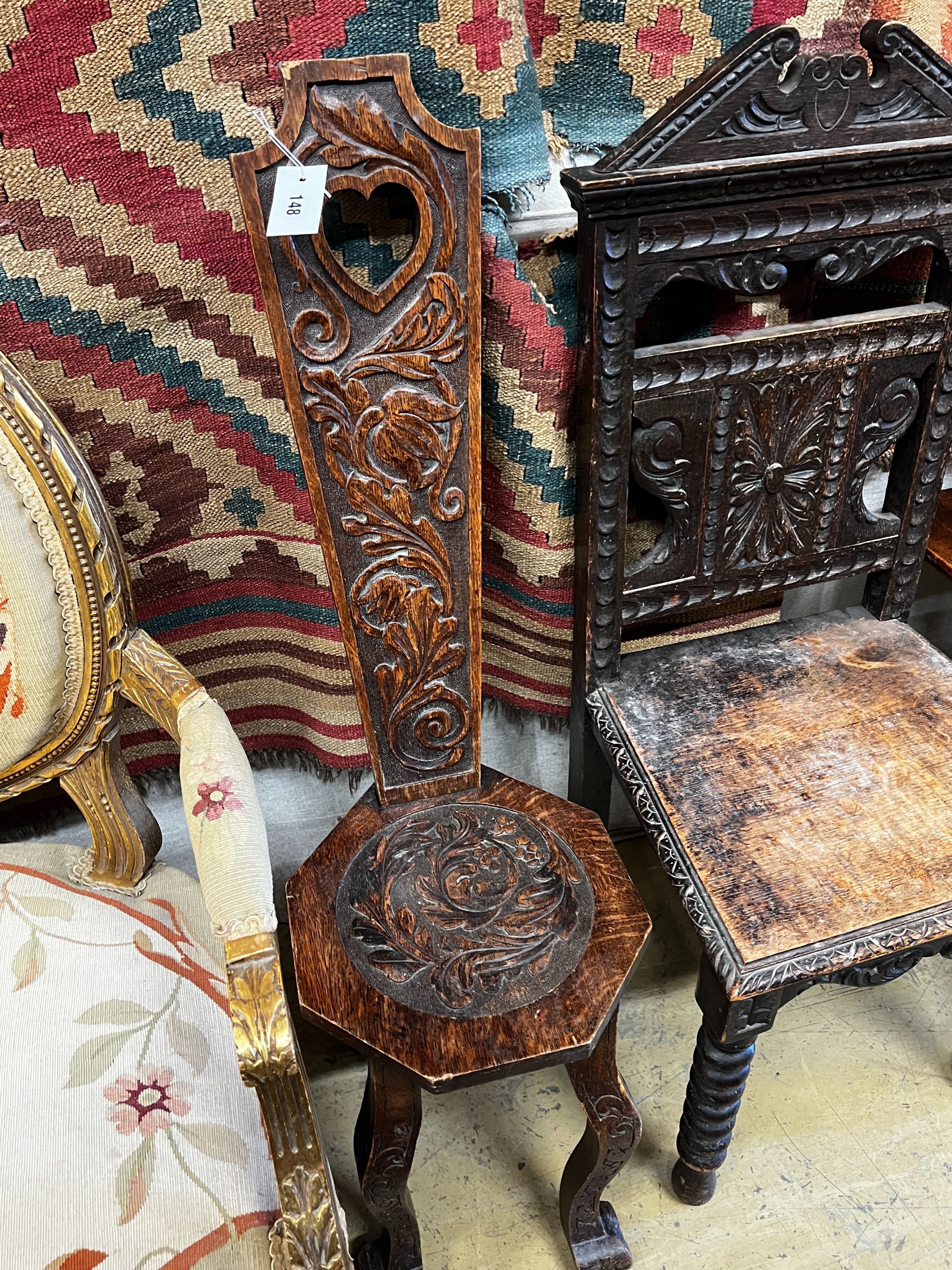 A Victorian oak hall chair table, spinning chair, a pokerwork stool and a wine table *Please note the sale commences at 9am.